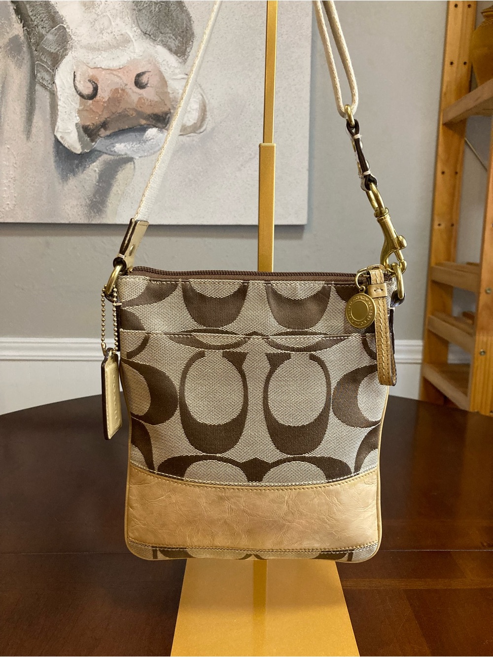 Coach Vintage Signature Jacquard Swing Pack Crossbody Bag-Yellow/Tan Tag Charm - Picture 2 of 16